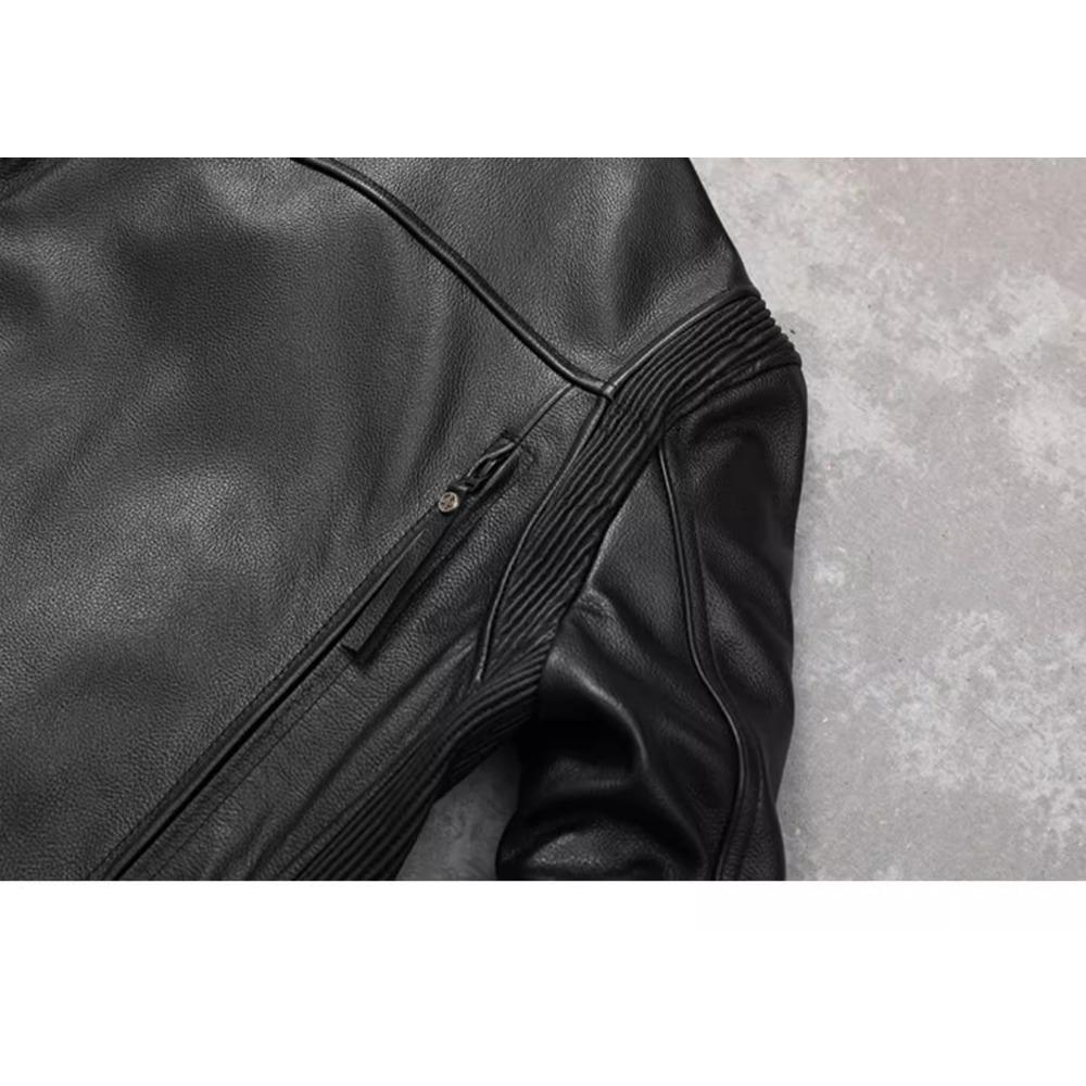 Chinese Size Motorcycle Cowhide Genuine Leather Jacket Men Slim Stone Milled Retro Jacket Calfskin Coat Men Moto Biker Riding Clothes