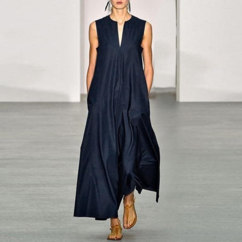 Women's Deep V-Neck Solid Color Sleeveless Long Dresses