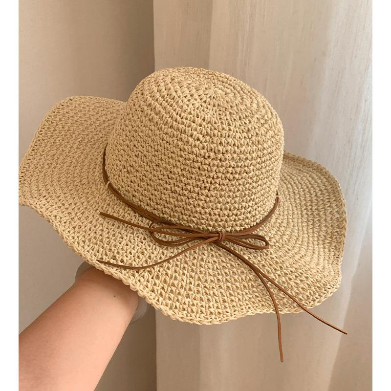 Bow Hollow Woven Straw Hat Women's Summer Seaside Beach Vacation Wind Foldable Big Eaves Sunshade Sun Protection Hat