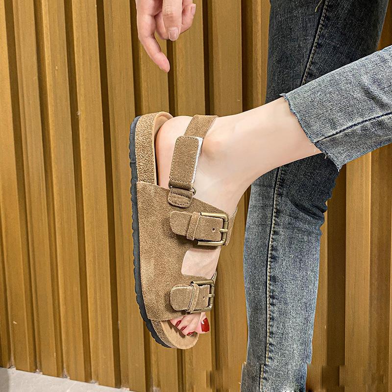 Fashion 2024 Summer Women's Sandals Cow Suede Leather Cork Sandals Woman Two Buckle Outdoor Beach Sandals Girls Retro High Quality