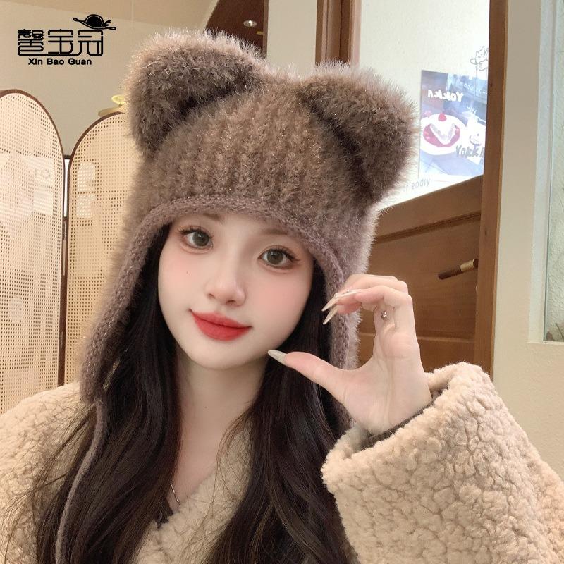 Bear knitted hat children's winter plush warm ear protector wool hat sweet versatile face small pullover hat