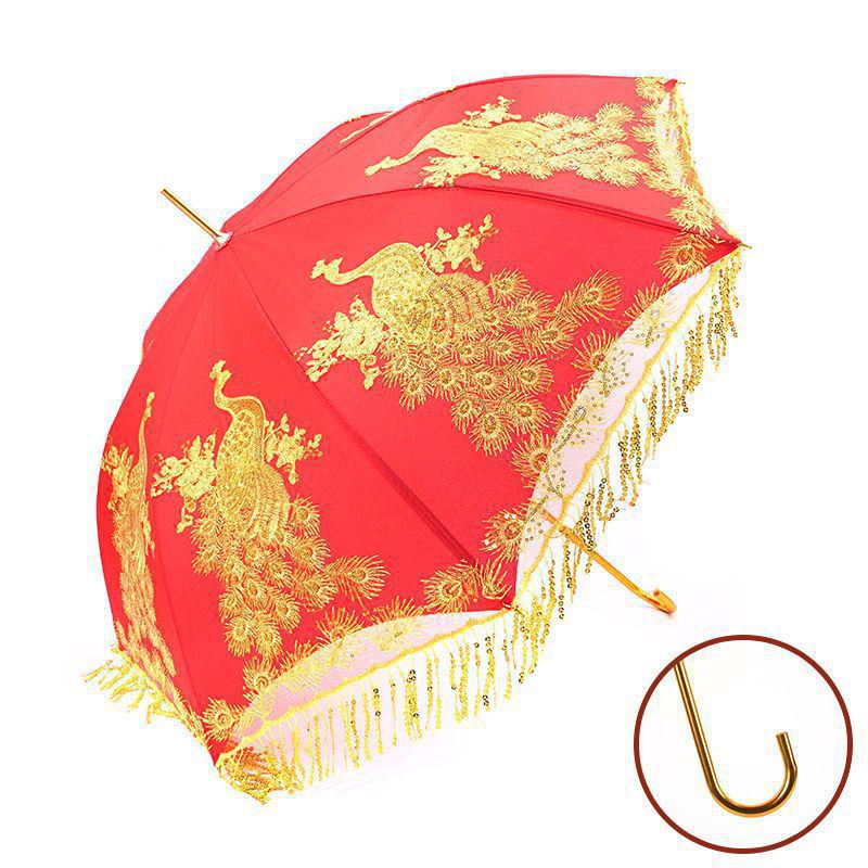 Eleganter roter Brautschirm mit gestickter Spitzkante und langem Griff für Hochzeiten