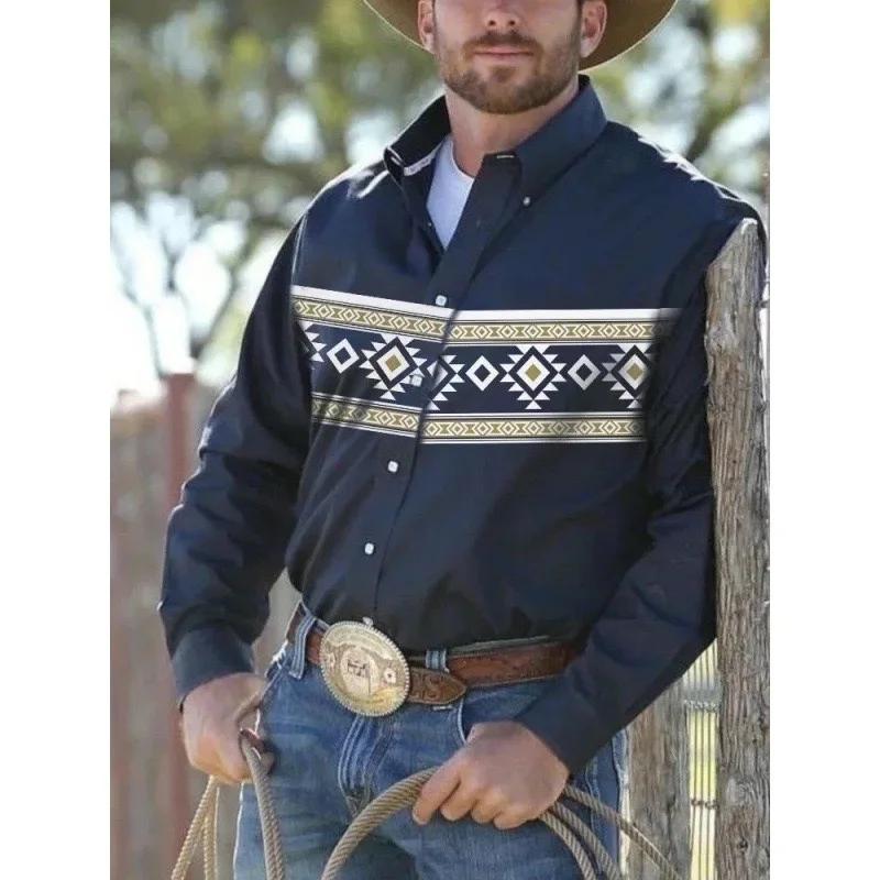 Western Style Long-sleeve Shirt, Men's Fashion Top with Geometric Pattern
