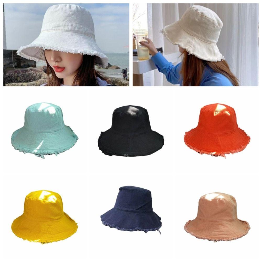 Foldable Raw Edge Fisherman Hat Sunshade Sun Protection Cap Versatile Thin Bucket Hat  Women