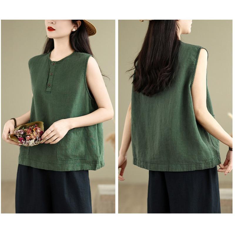 Women Vintage Cotton Linen Sleeveless Vest Button Design Loose Fit All Match Art Style Summer New Casual Tank Top
