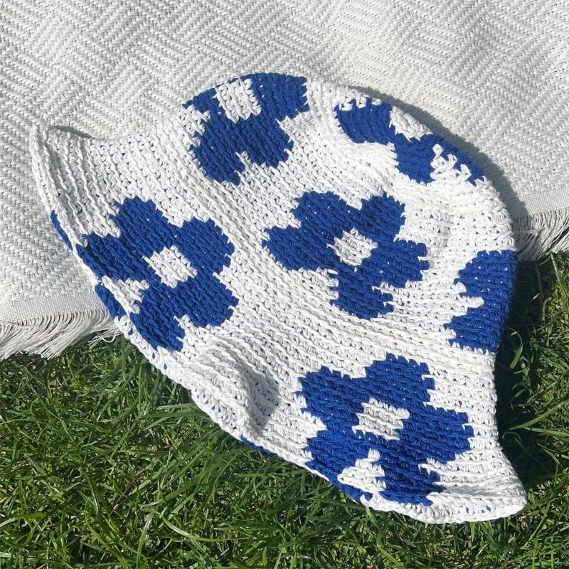 Spring Fisherman Hat for Woman Weaving Bucket Hat Crochet Flower Wide Brims Hat