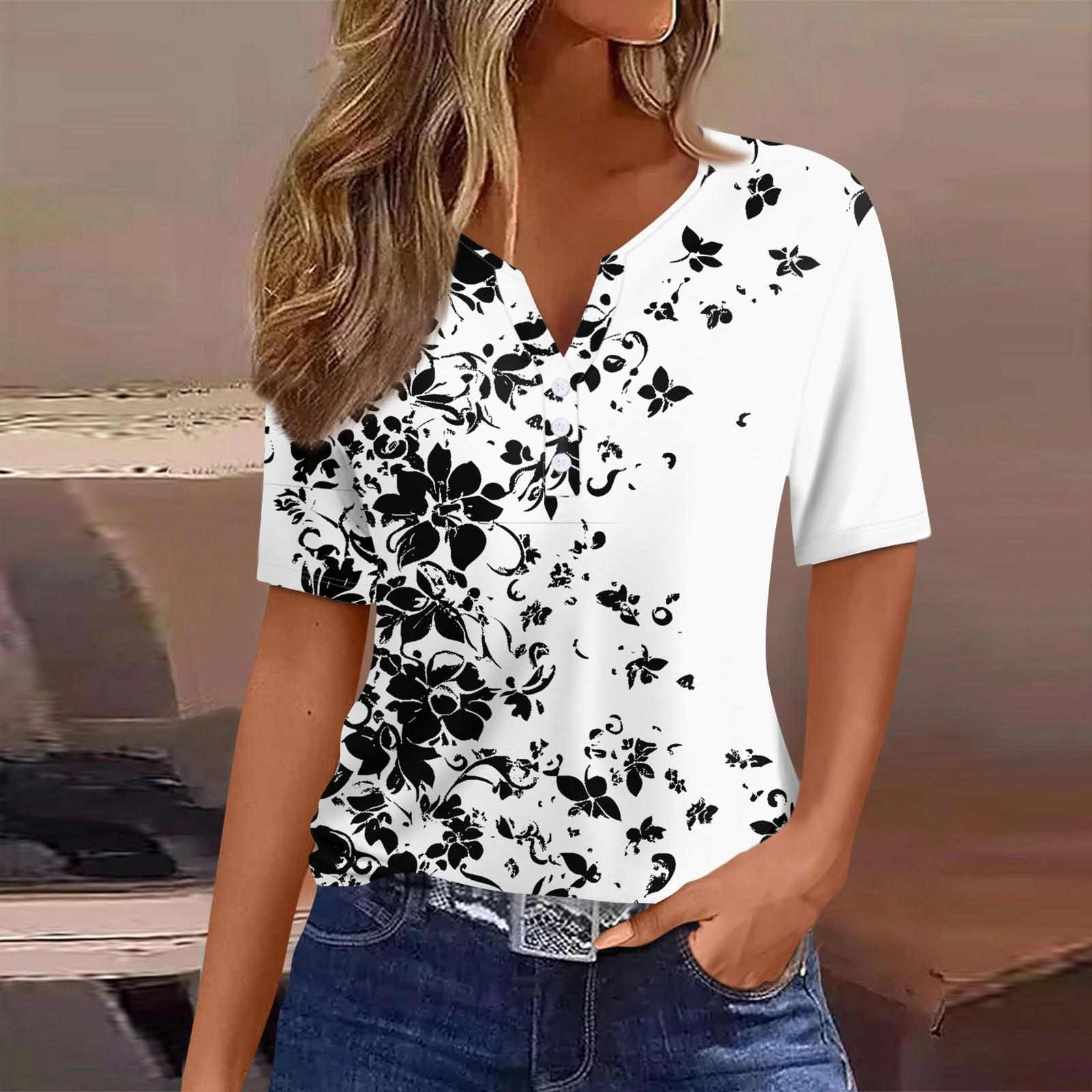 

Жіноча футболка з принтом і ґудзиком, з коротким рукавом, щоденна мода на вихідні, базовий V-подібний виріз, звичайний топ XL білий