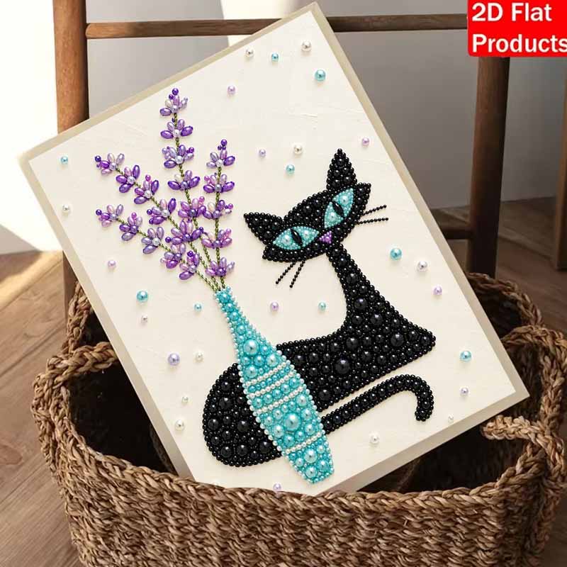Black Cat and Lavender Vase Pearl and Diamond Painting Art Kit DIY Gemstone Beading Craft Kit Home Wall Decoration