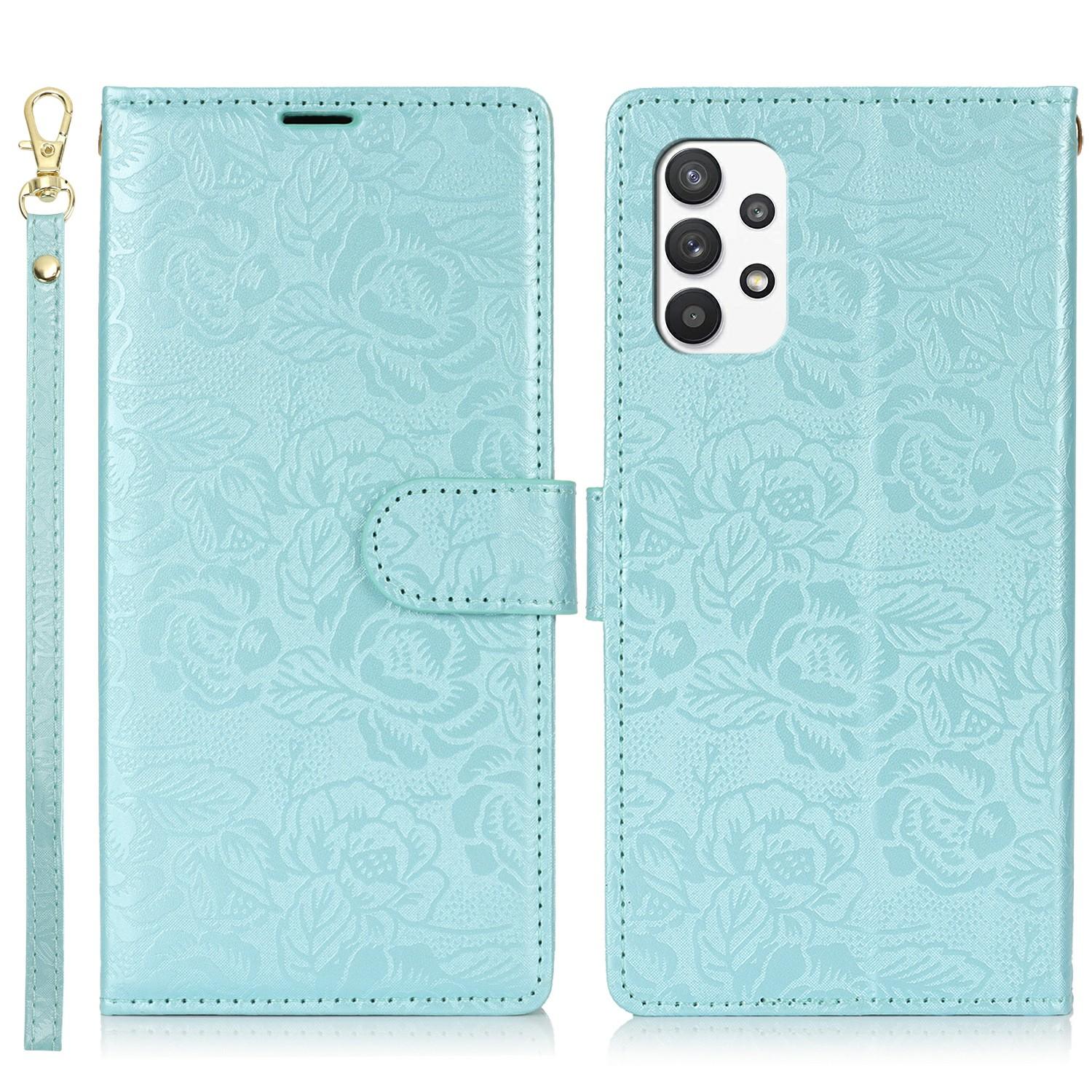 

For Samsung Galaxy A13 4G/5G Case with Hand Strap Flower Imprint Leather Wallet Phone Cover Blue