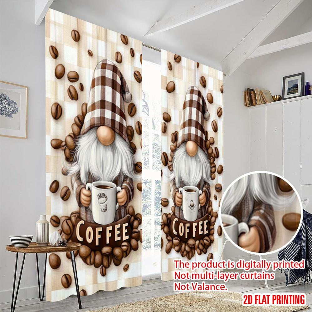 2pcs,2D plane printing Curtains Coffee Gnomes Durable Polyester (without rod) Room Decor Use for Living Room, Office, Kitchen,