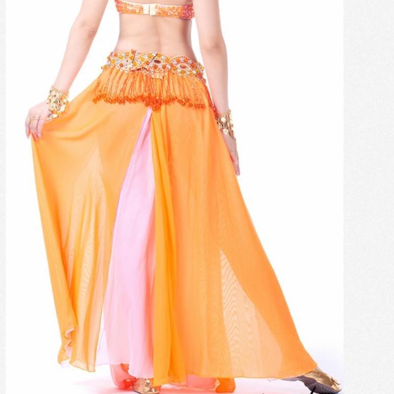 Belly Dance Skirt Double Slits Dance Training Dress Chiffon Long Skirt for Professional and Beginner