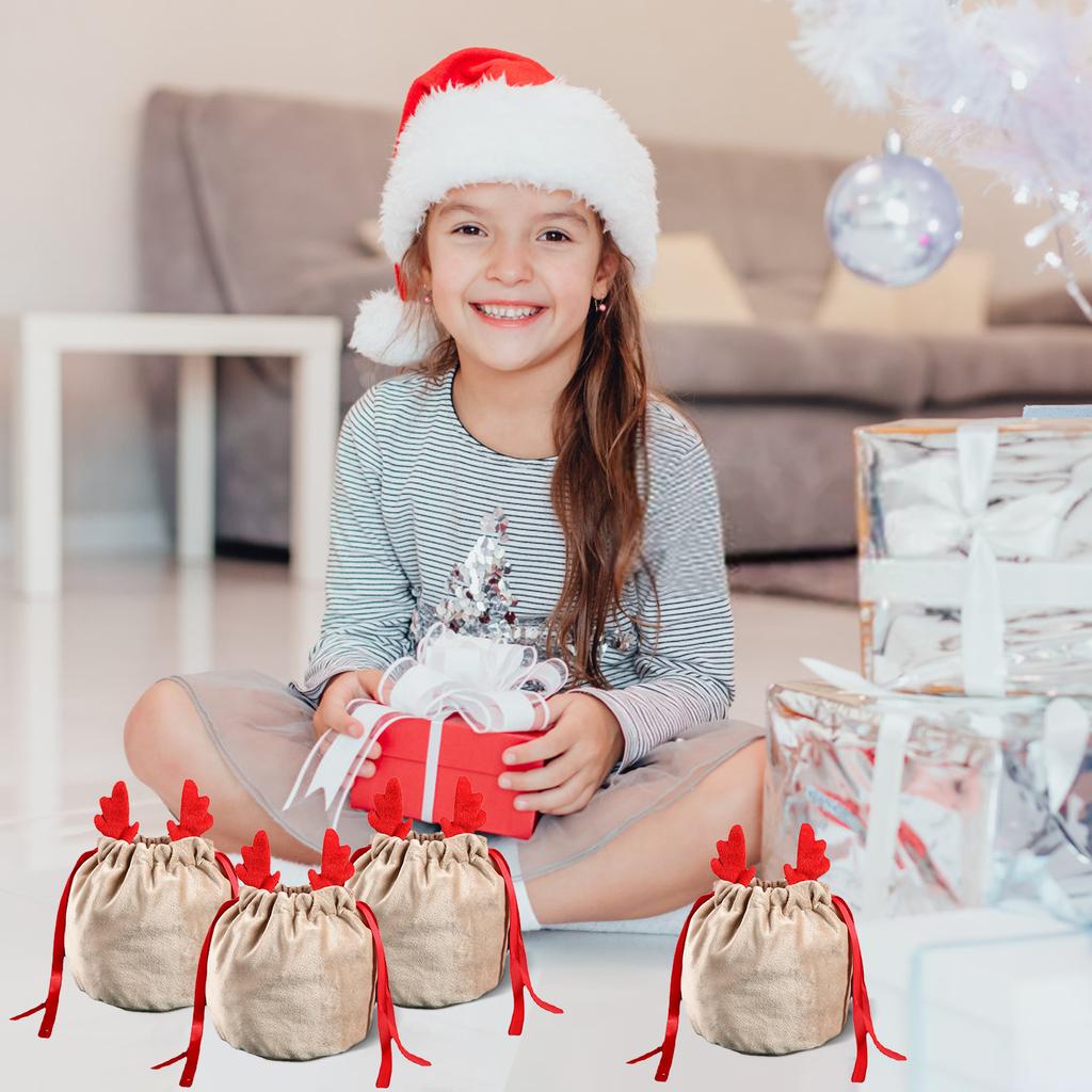 5/10 Christmas Reindeer Drawstring Gift Bag, Reusable Velvet Santa Claus Candy Gift Bag, Party Gift Decoration