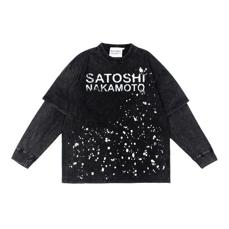 American High Street Oversize Long Sleeve T-Shirt Splash Ink Print Mock Two-Piece Cotton Blend Fall 2025