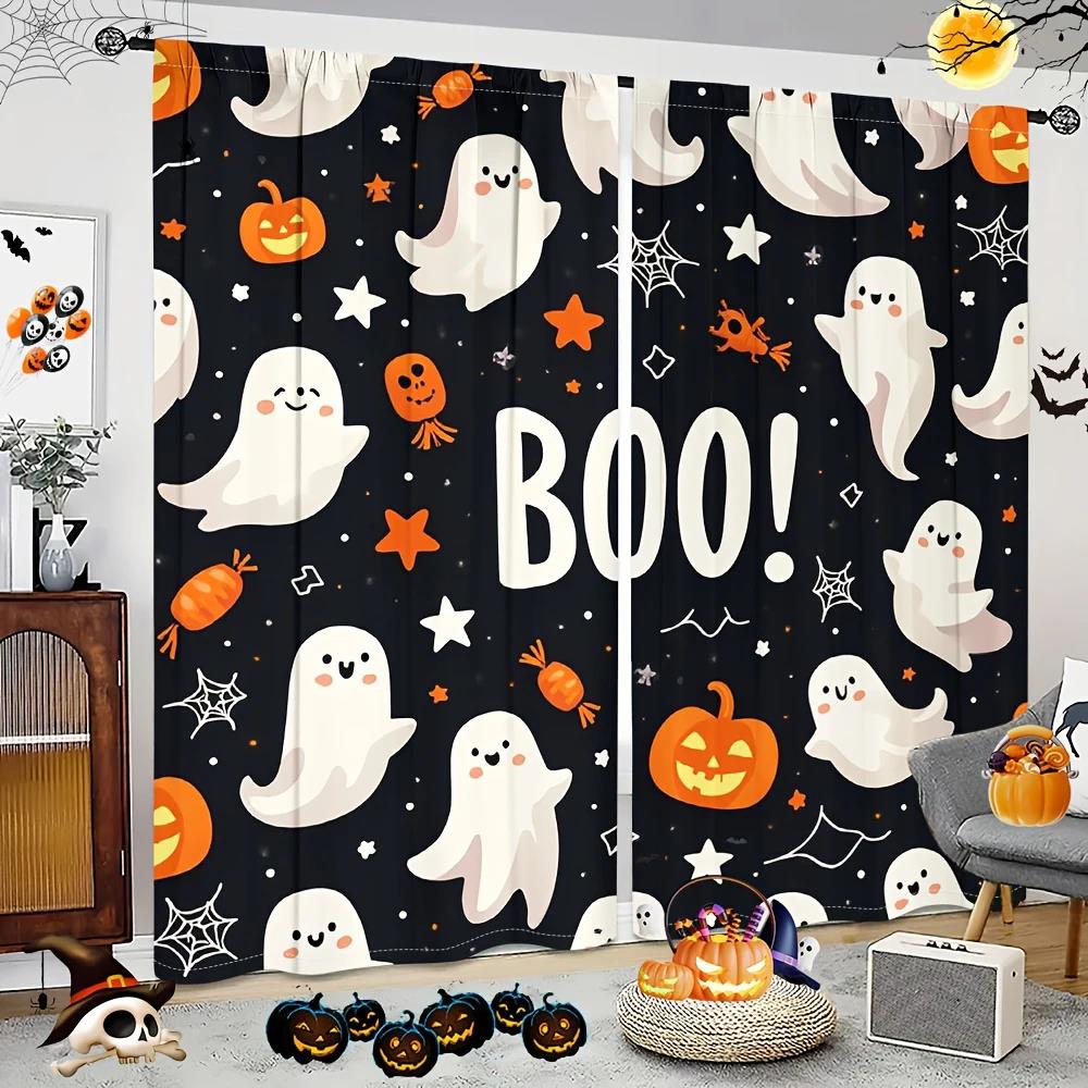 2pcs- Halloween Fun pumpkin print High Quality curtains, pole bag home decoration, room area decoration Durable Material