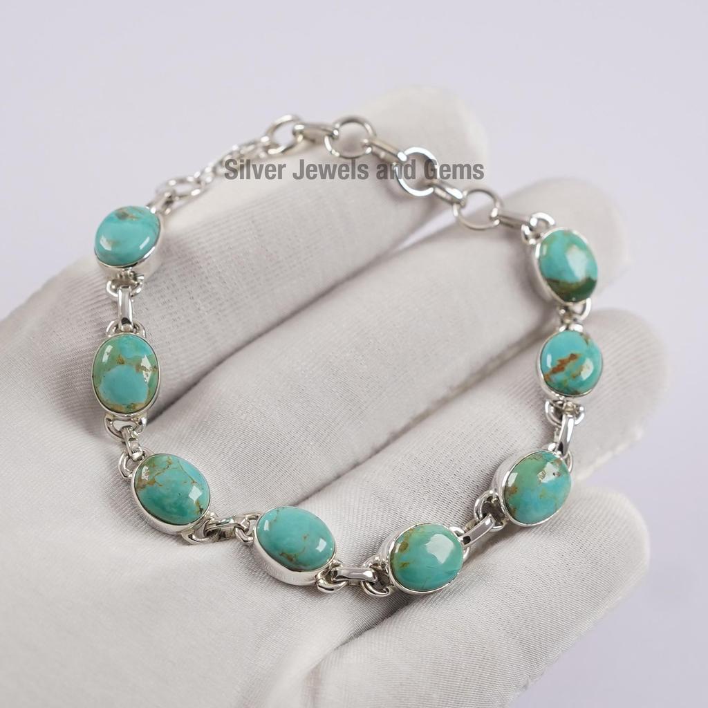 Turquoise 925 Sterling Silver Bracelet: Handmade Oval Gemstone Jewelry