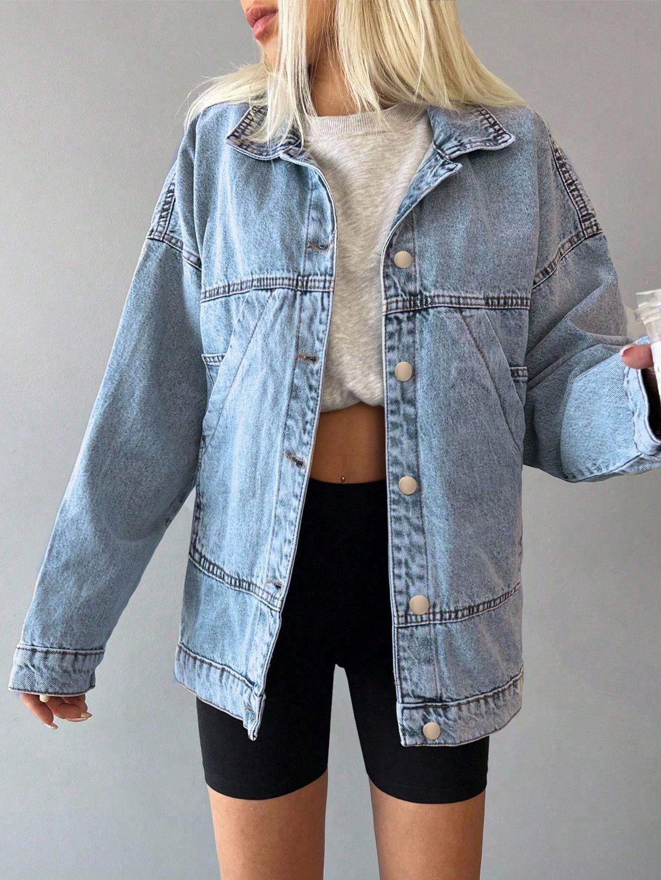 

European & American Women s Casual Long Sleeve Denim Jacket - Drop Shoulder, Button-Up, Loose Fit Extra Small