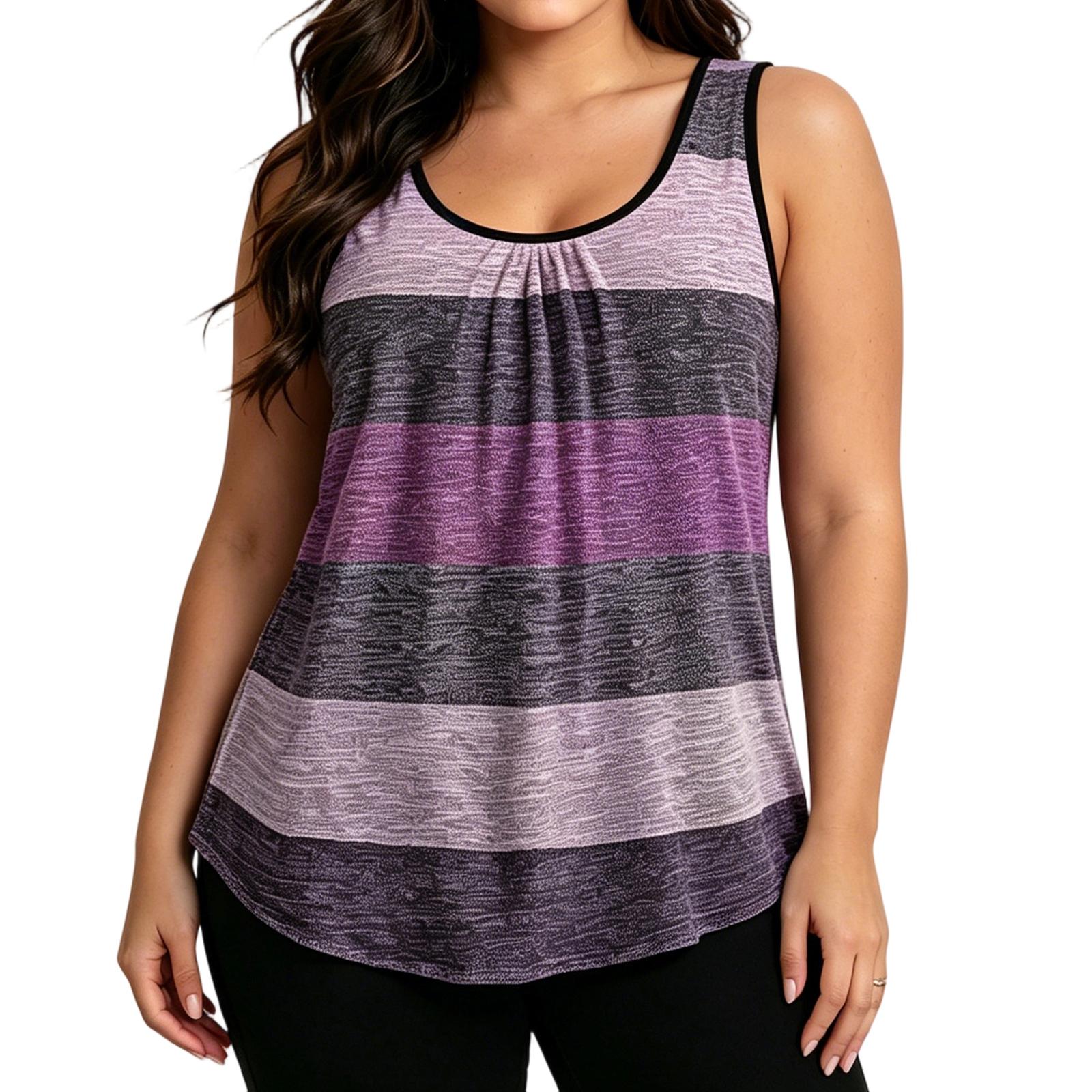 Plus Size Sleeveless Patchwork Stripe Print T-Shirt Casual Printed Short Sleeve Top for Women Summer Wear XXL фиолетовый