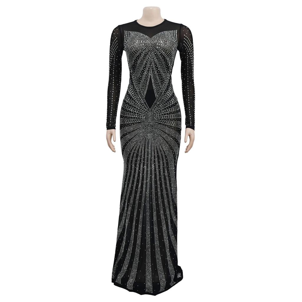 Europäisches & Amerikanisches Mode Damen Einfarbiges Netz Durchsichtiges Langarmkleid mit Heißbohrdetails