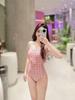 2026 Women's Pink Plaid Backless One-Piece Swimsuit - Cross Strap & Quick-Drying