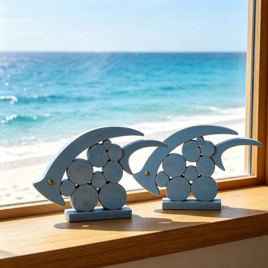 Decorative Wooden Fish Ornaments Hollow Design Coastal Style Fish Desktop Decoration Rustic Beach Style