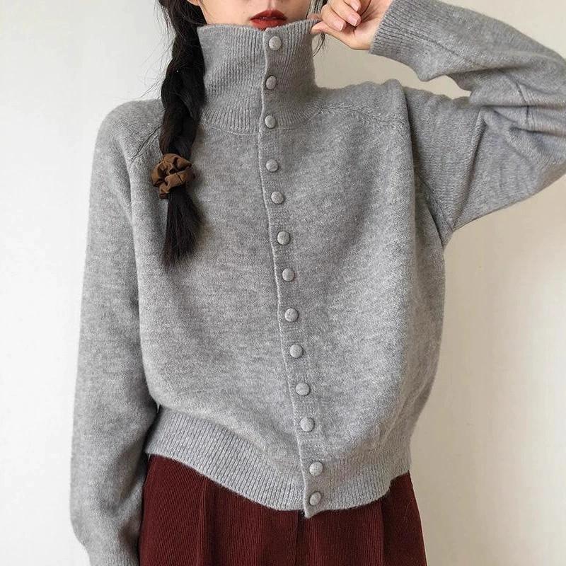 Cárdigan de Punto de Cuello Alto para Mujer Otoño Color Sólido de un Solo Botón Prendas de Abrigo Mujer Coreano Suave Tejido de Cachemir