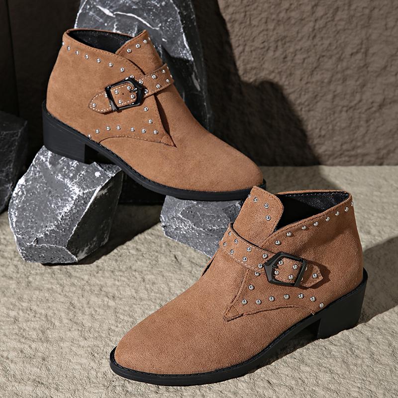 Retro Rivets Pointed Toe Western Boots Women Fashion Buckle Thick Heel Ankle Boots Woman Plus Size Faux Suede Cowboy Botas Mujer