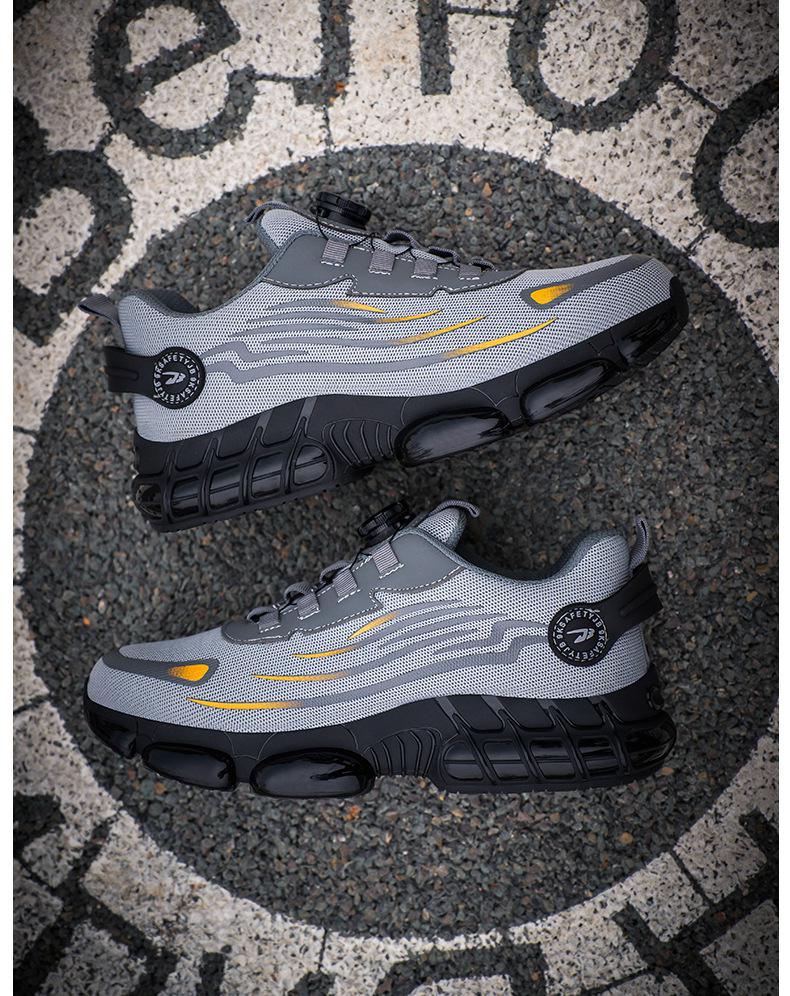 Men's Fly-Knit Safety Shoes: Anti-Smash, Anti-Puncture, Breathable, Lightweight, Comfortable, Wear-Resistant with Soft Sole and Button Closure.