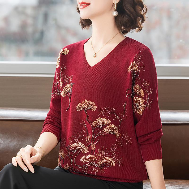 Happy Mother-in-law V-neck Red Knitwear with Handmade Sequin Embroidery - Slimming and Age-Reducing Top for Spring and Autumn