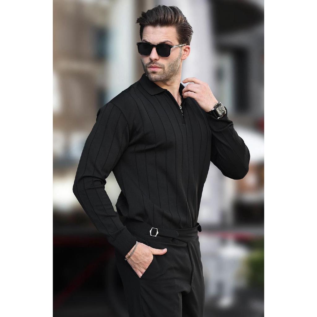 Black Polo Neck Zippered Knitted Sweater 7242