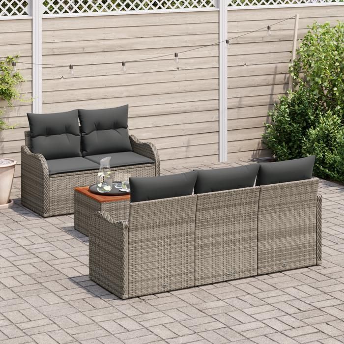 VidaXL Ensemble de Canapé de Jardin 6 pièces avec Coussins Gris Poly Rotin Acacia 3347391