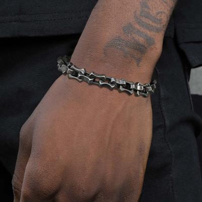 Chunky Handmade Rhombus Link Chain Bracelets for Men, Vintage Oxidized Black Stainless Steel Wristband, Punk Rock Jewelry Gift