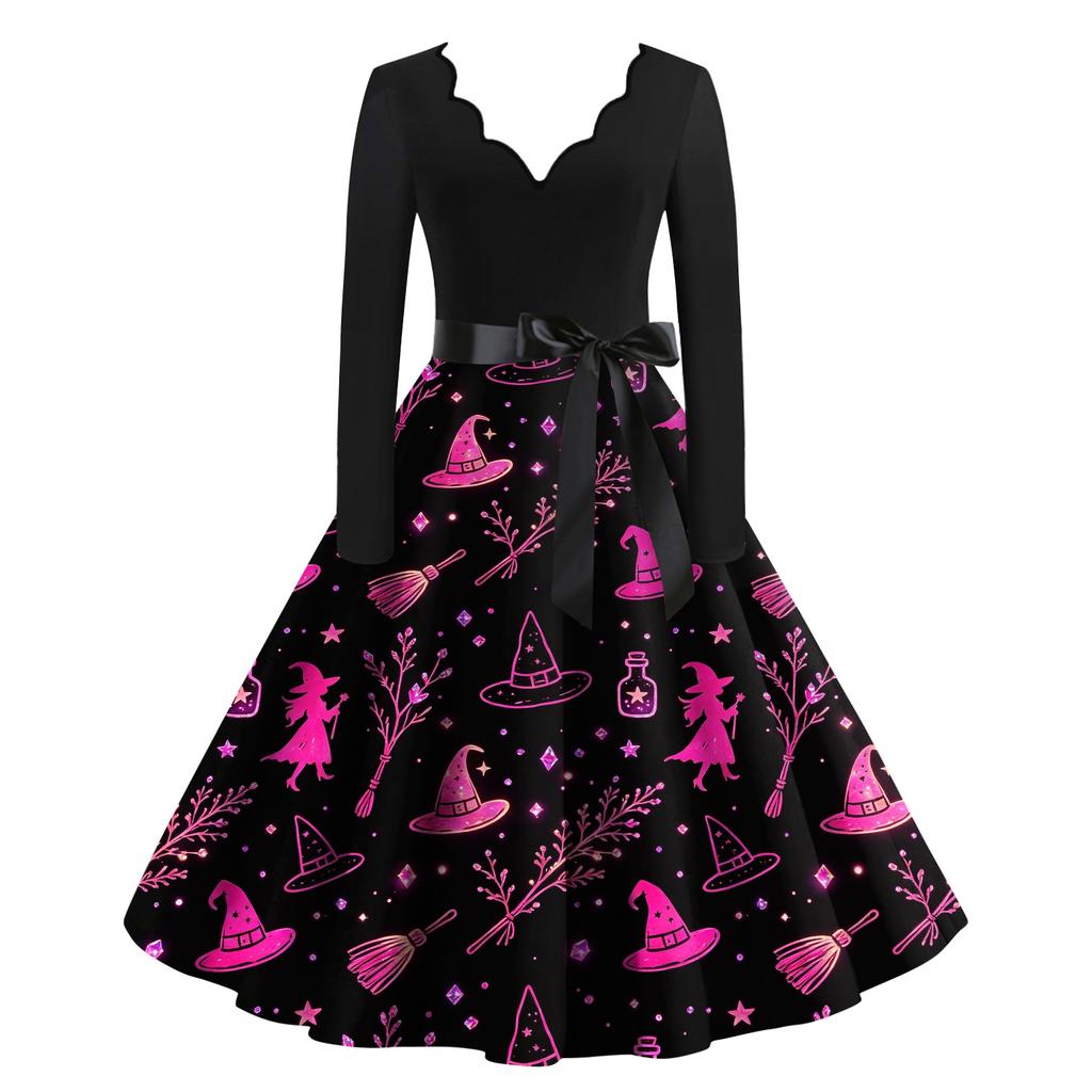 Women's Casual V-Neck Long Sleeve Halloween Print Dress