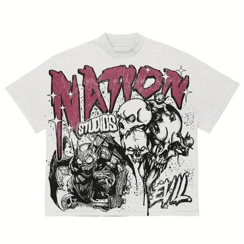 

Мужская футболка в стиле Y2K с узором - 100% хлопок, дышащая, винтажная, летняя, уличная одежда, с яркими короткими рукавами, большого размера, свободная футболка 4XL