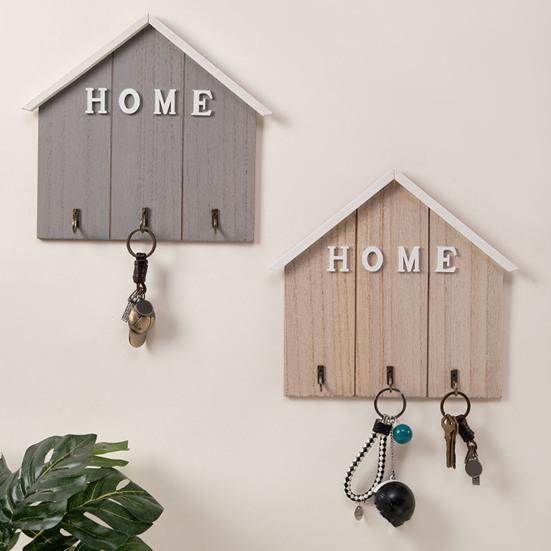 Wall Mount Key Holder Wooden House Shaped Keychain Organizer with 3 Hooks Rustic Key Rack for Entryway Bathroom Hallway Kitchen