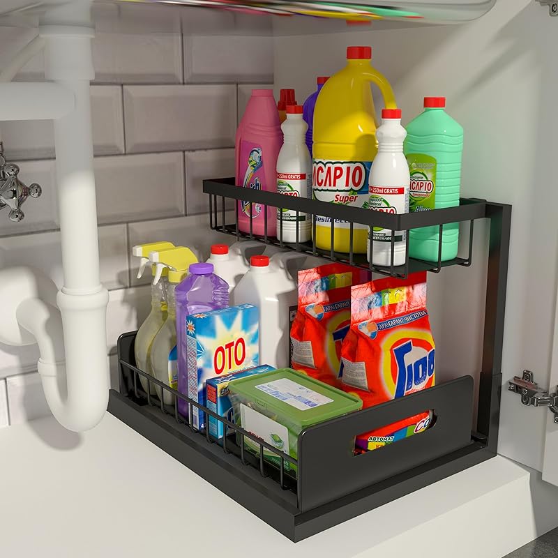 

In-Cabinet Pull-Out Double Drawer Sink Rack for Kitchen and Bathroom Universal2Layer Organizer Storage Artifact 1 Pack чёрный