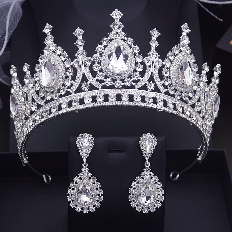 Baroque Headdress Royal Queen Bridal Crown Sets Purple Champagne Tiaras Earrings Pageant Wedding Jewelry Sets Accessories