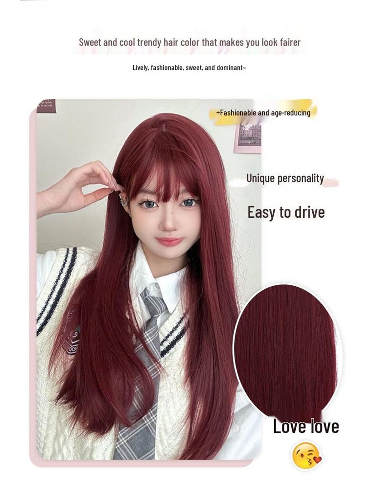 Perucă lungă dreaptă roșu zmeură pentru femei