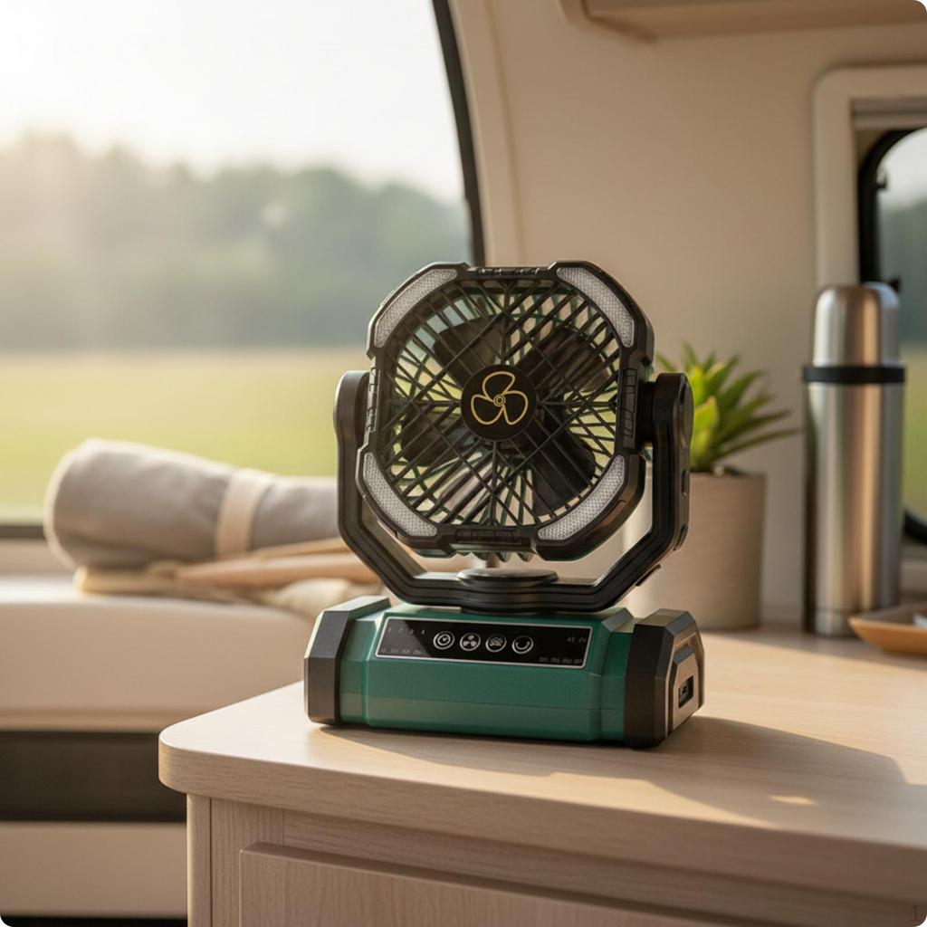 Adjustable Rechargeable Camping Fan Power Bank with Light for