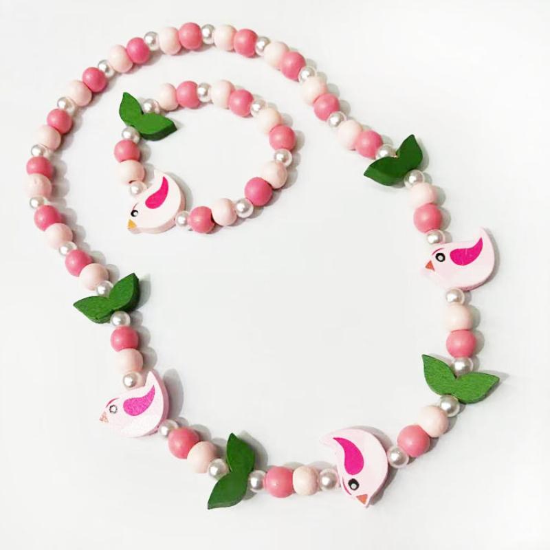 2pcs/Set Fashion Natural Wood Beads Jewelry Cute Animal Pattern Necklace Bracelet For Children Party Jewelry Girl Birthday Gift