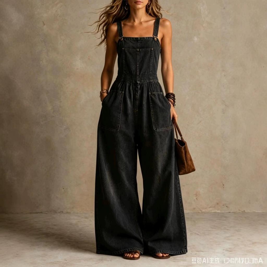 Tuta di jeans a gamba larga da donna, salopette con pettorina larga, bretelle regolabili, vestibilità casual larga, pantaloni lunghi con tasca