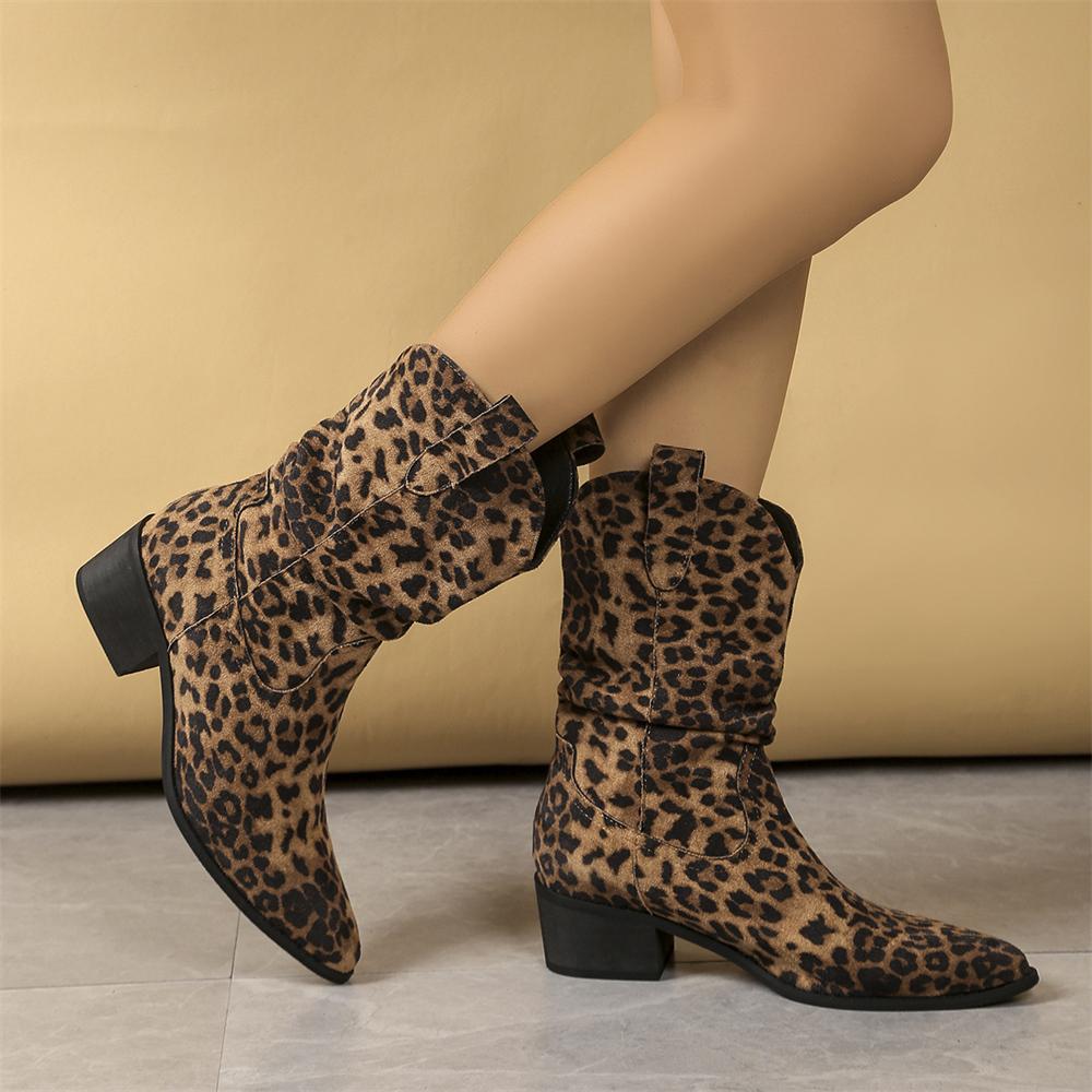 Big Size 43 Vintage Black Cowboy Boots Women Retro Leopard 5cm Heels Mid-calf Boots Shoes Winter Beige Cowgirls Western Boots