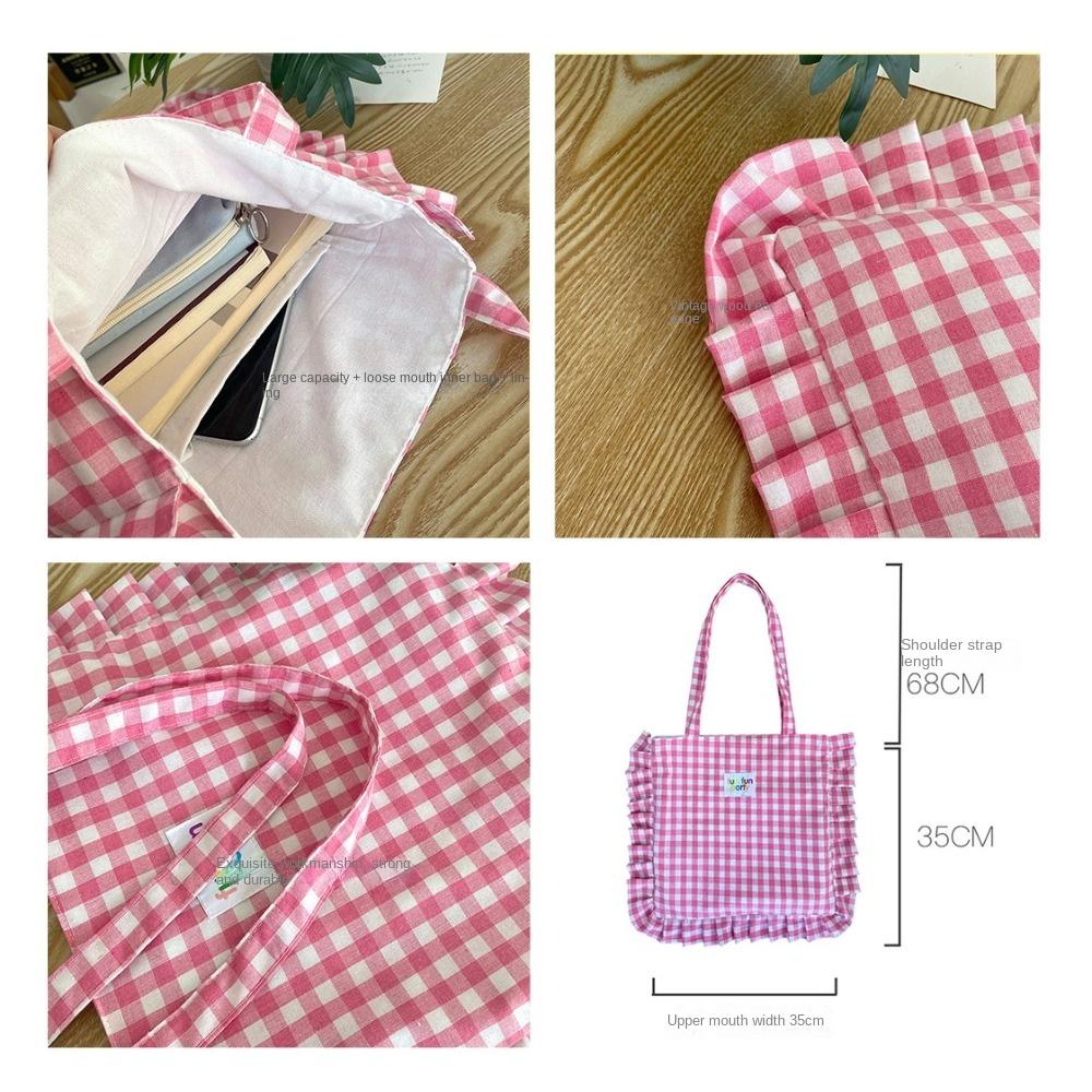 Large Capacity Plaid Cotton Handbag Sweet Tote Bag Ins Lace Pillow Bag Outdoor