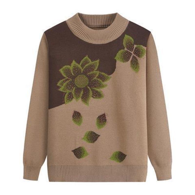 Middle-aged Elderly Women's Autumn Winter Mothers Wear Long-sleeved Pullover Sweater Plus Velvet Thickened