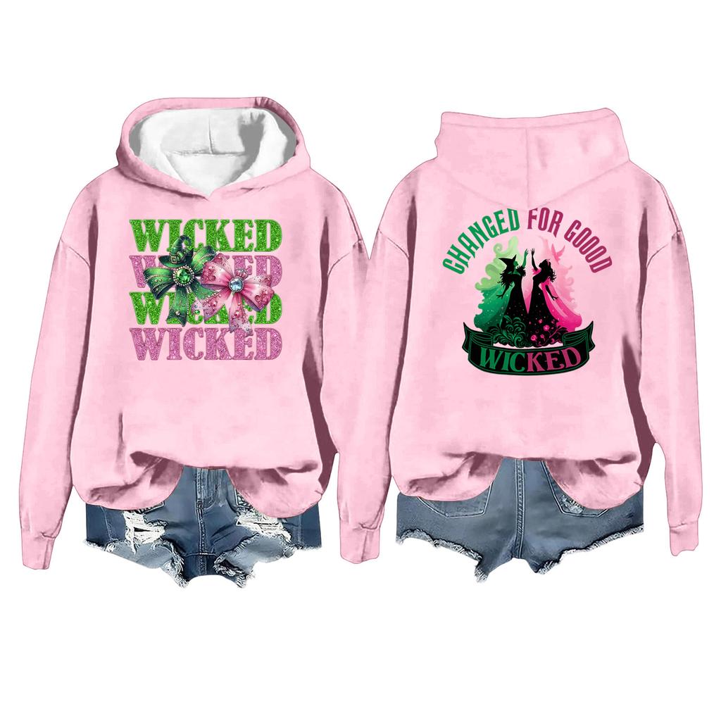 Women's Casual Long Sleeve Pullover Witch Print Hooded Sweatshirt