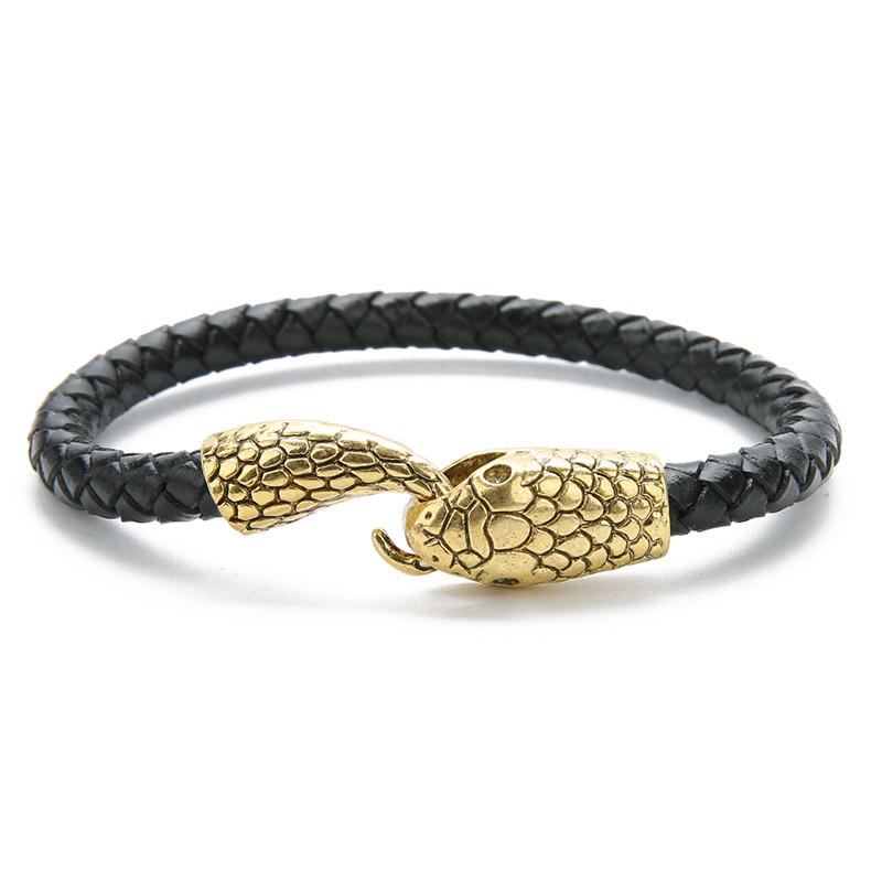 Vintage Silver Color Snake Easy-Hook Leather Bracelets Men Viking Jewelry Black Brown Braid Bracelet Charms Bangle 2019