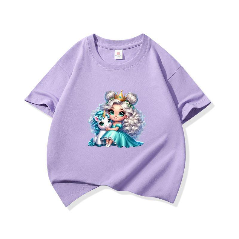 Kids Cotton T Shirt Princess Girl With Blue Unicorn Print Crew Neck Short Sleeve Tee Casual Boys Girls Summer Tops