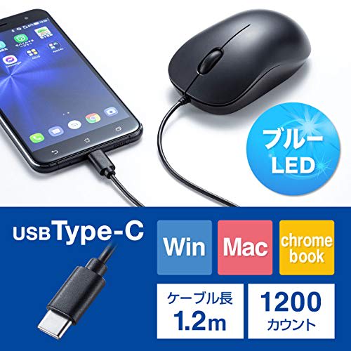 Sanwa Supply Wired Mouse Type-C Connection Blue LED Sensor Medium Size Windows/Mac Compatible MA-BLC194BK