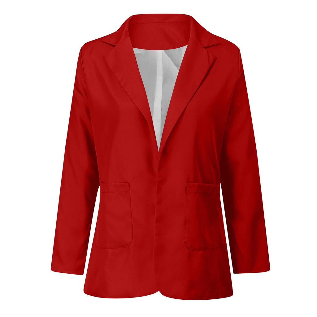Women Solid Open Front Pockets Cardigan Formal Suit Long Sleeve Blouse Coat