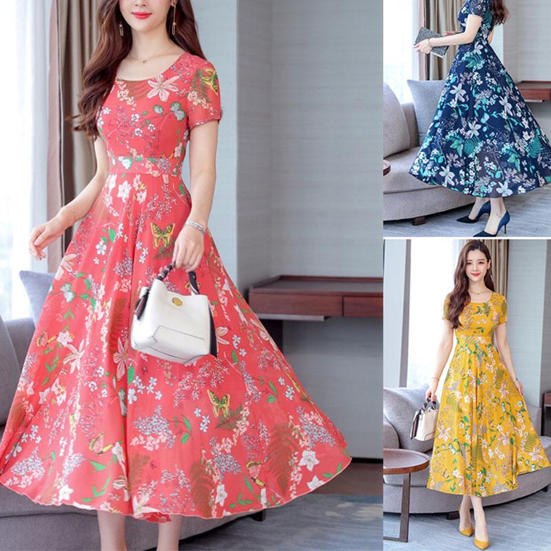 

Женщины Лето Большие качели Платье Короткие рукава Круглые шеи Сладкие цветочные печатные юбки средней длины