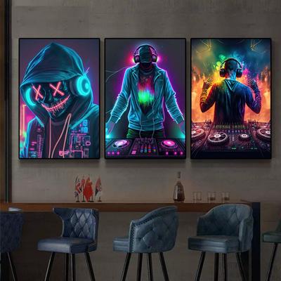 Pósteres de música con diseño de neón y auriculares de DJ geniales, pintura en lienzo, arte de pared abstracto para decoración del hogar de bar y club moderno